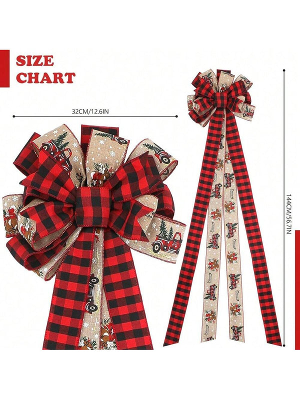 1pc1.4m Extra Long Christmas Tree Top Star Plaid Bow Christmas Holiday Decoration Christmas Webbing Tree Top Star 33*140cm Tree Top Bow Christmas Tree Top Decoration DIY Easy To Hang Special Christmas Ornaments Long Ribbon Reusable Personalized Family Pe