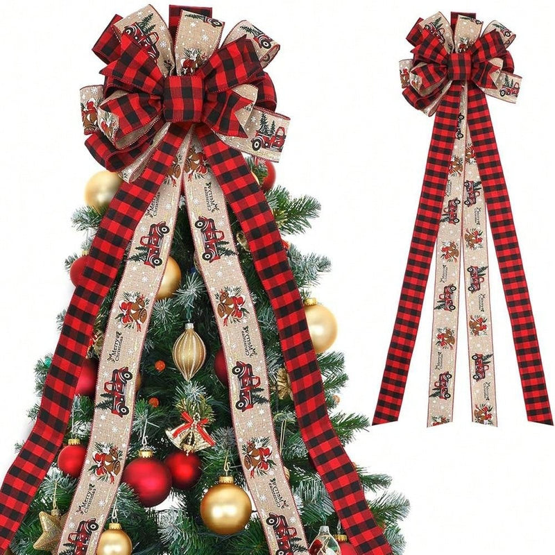 1pc1.4m Extra Long Christmas Tree Top Star Plaid Bow Christmas Holiday Decoration Christmas Webbing Tree Top Star 33*140cm Tree Top Bow Christmas Tree Top Decoration DIY Easy To Hang Special Christmas Ornaments Long Ribbon Reusable Personalized Family Pe