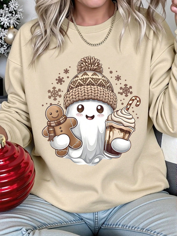 LUNE Merry Christmas Snowman & Gingerbread Man Hot Drink Print Women Long Sleeve Crew Neck Casual Sweatshirt For Autumn/Winter