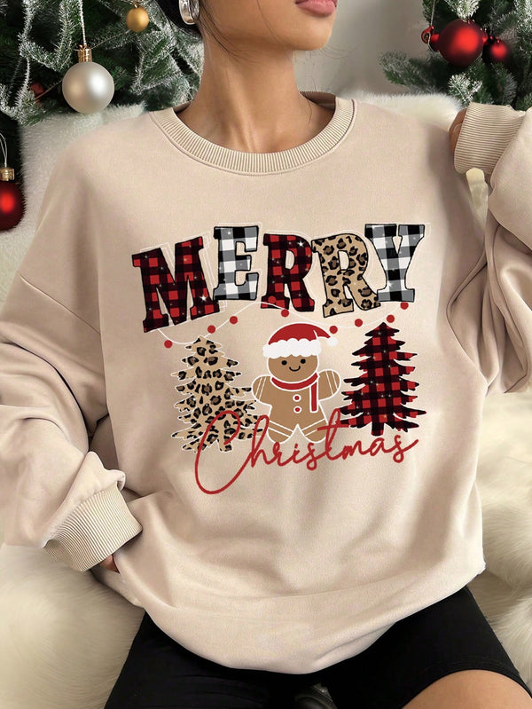 EZwear Casual Christmas Gingerbread & Leopard Print Pattern Loose Fit Crew Neck Long Sleeve Hoodie For Women, Autumn/Winter