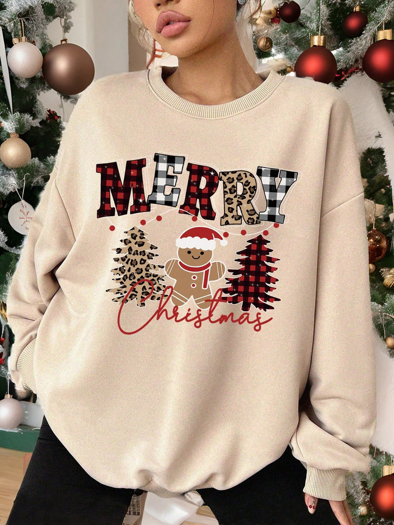 EZwear Casual Christmas Gingerbread & Leopard Print Pattern Loose Fit Crew Neck Long Sleeve Hoodie For Women, Autumn/Winter