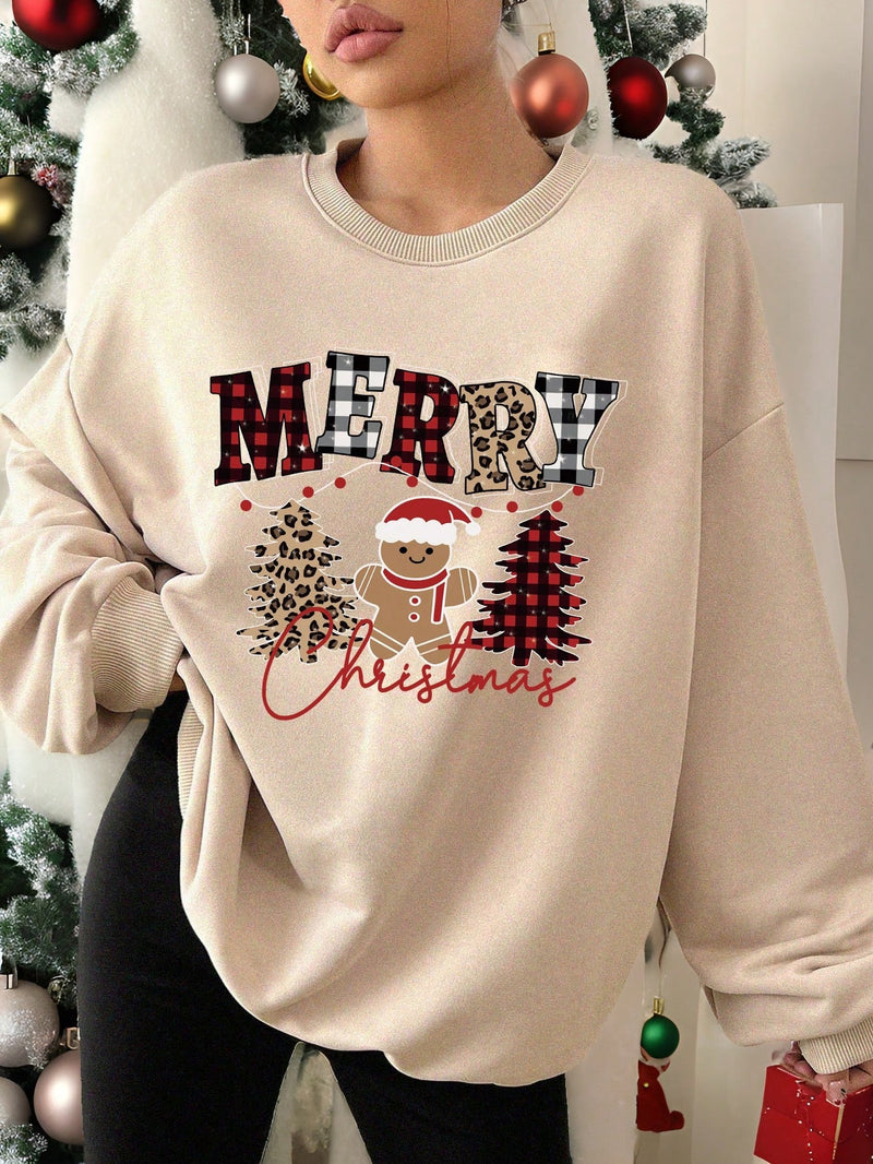 EZwear Casual Christmas Gingerbread & Leopard Print Pattern Loose Fit Crew Neck Long Sleeve Hoodie For Women, Autumn/Winter